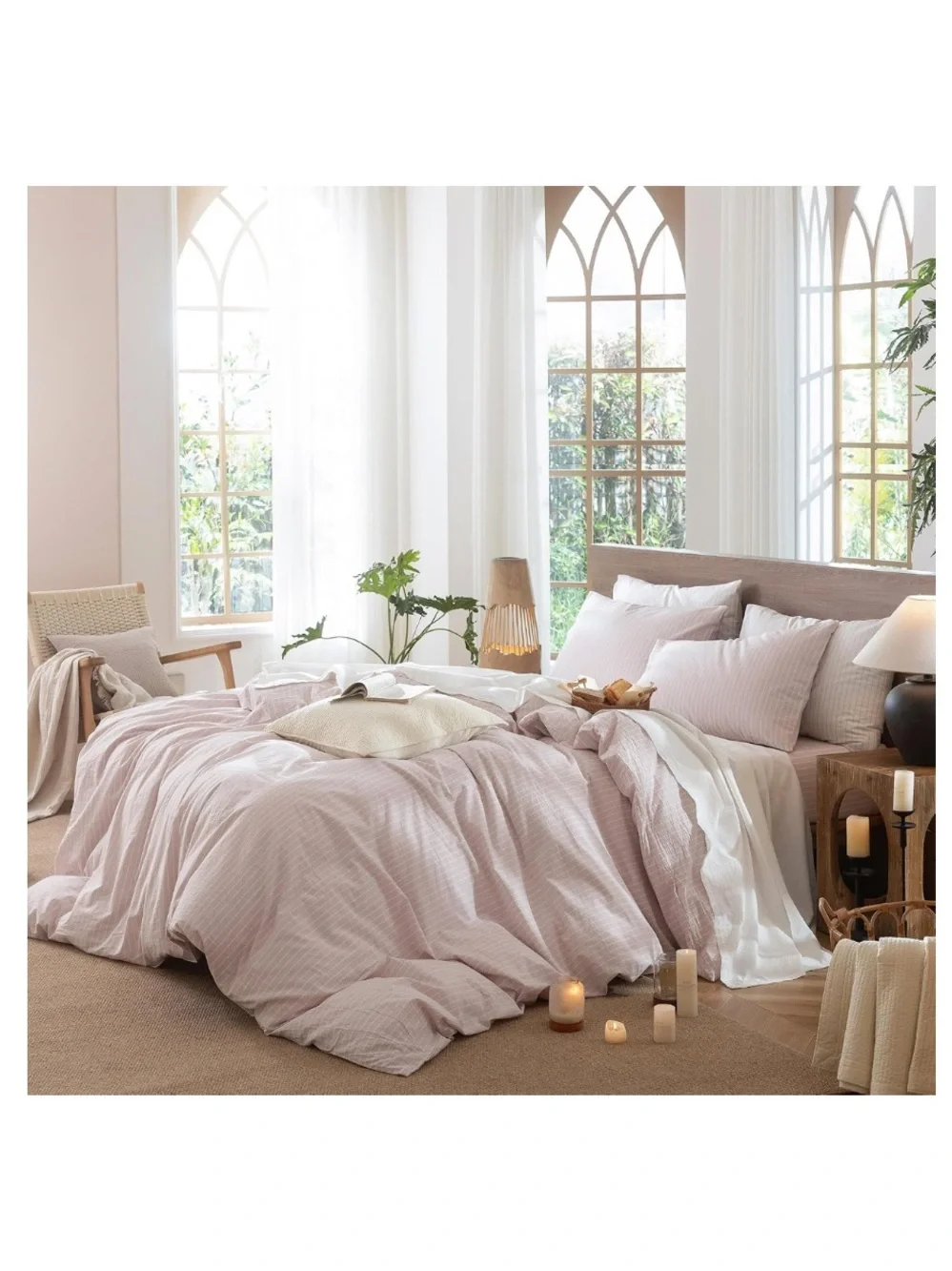 QUEEN Striped Duvet Set 3Pc. 100% Cotton 200 Thread Count GRAYISH PINK & WHITE